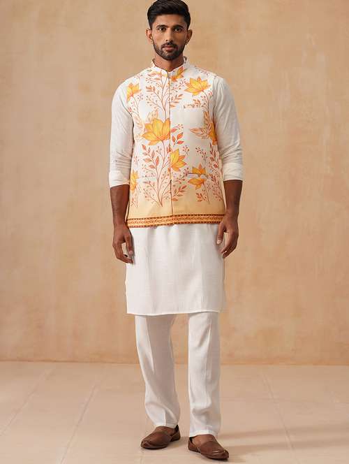 men floral print mandarin collar nehru jacket - 22022546 -  Standard Image - 0