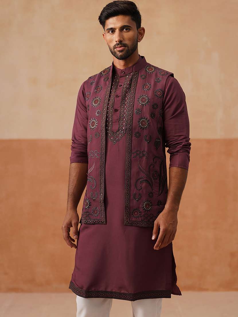 men embroidered mandarin collar nehru jacket - 22022548 -  Standard Image - 1