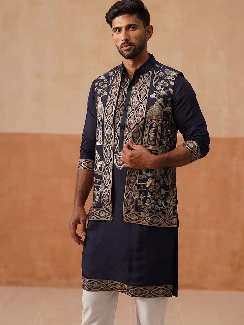 men embroidered mandarin collar nehru jacket - 22022550 -  Standard Image - 1