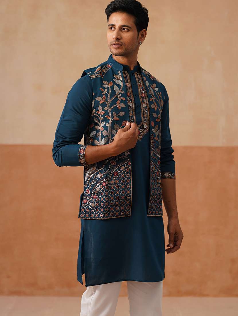 men embroidered mandarin collar nehru jacket - 22022553 -  Standard Image - 1