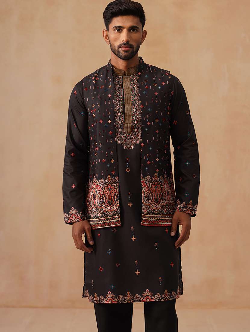 men black printde mandarin collar nehru jacket - 22022555 -  Standard Image - 1