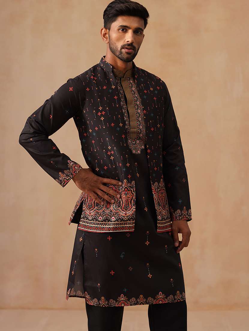 men black printde mandarin collar nehru jacket - 22022555 -  Standard Image - 4