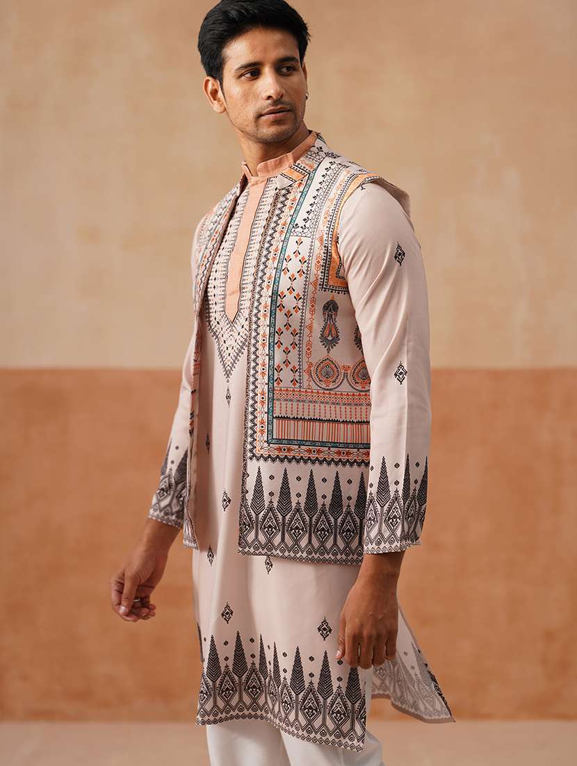 men printed mandarin collar nehru jacket - 22022556 -  Standard Image - 1