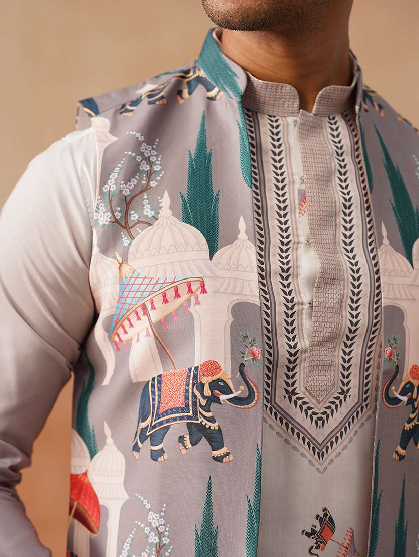 men printed mandarin collar nehru jacket - 22022557 -  Standard Image - 4