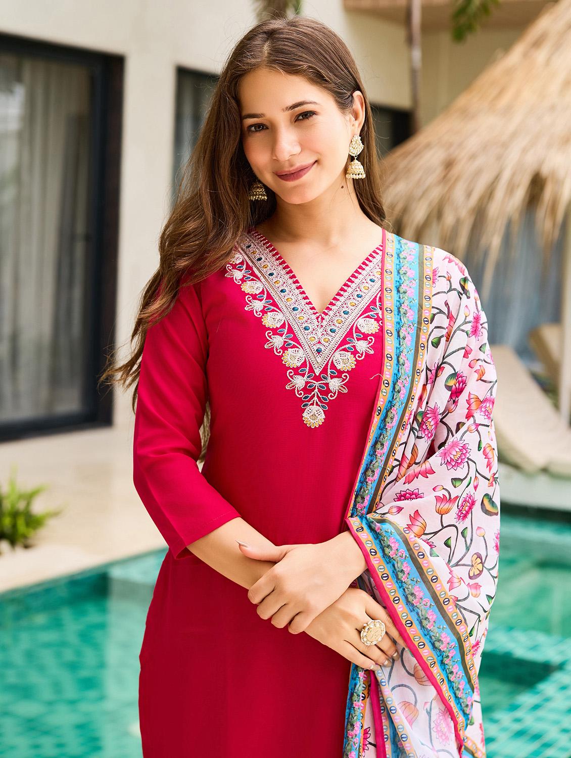 women embroidered three quarter sleeve kurta pant with dupatta set - 22022736 - Standard Image - 4