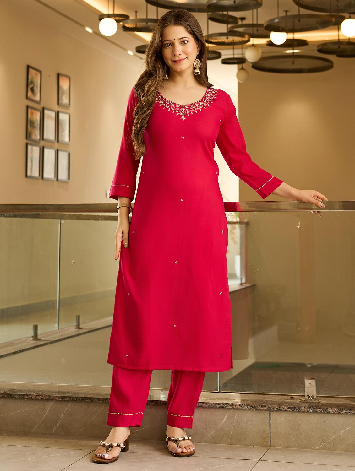 women embroidered three quarter sleeve kurta pant with dupatta set - 22022737 -  Standard Image - 1