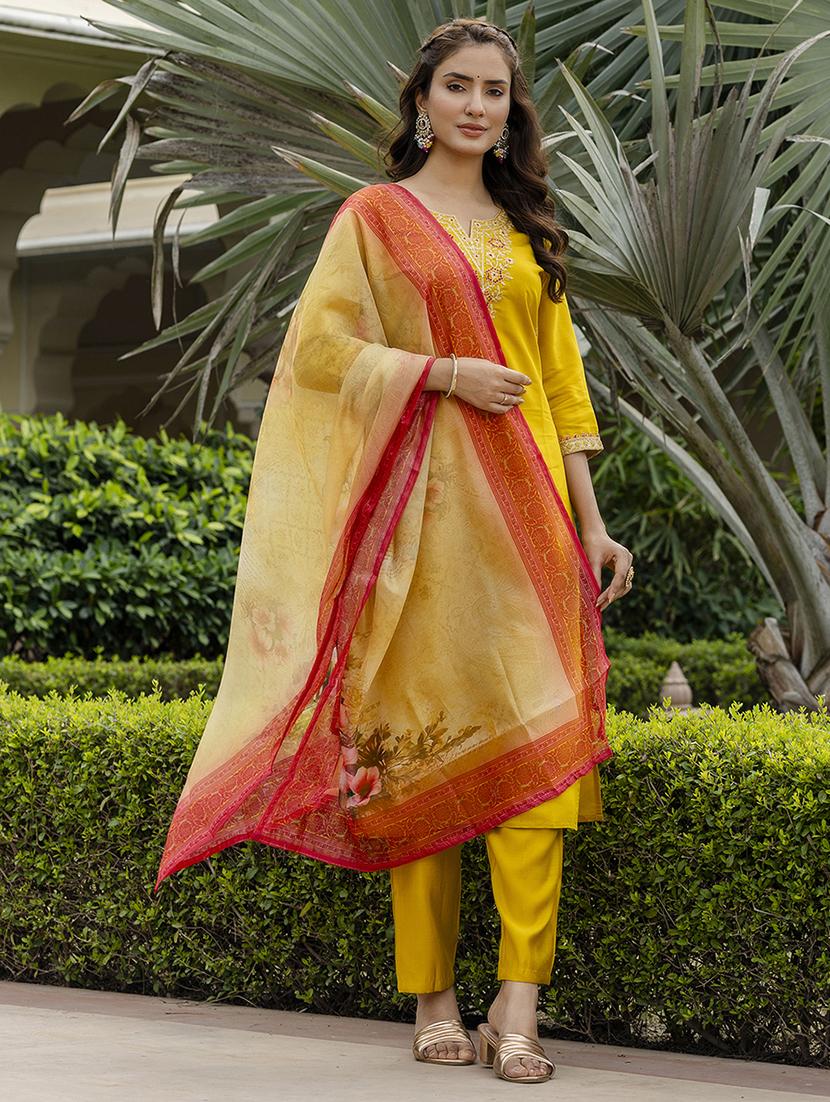 women embroidered three quarter sleeve kurta pant with dupatta set - 22022738 -  Standard Image - 1