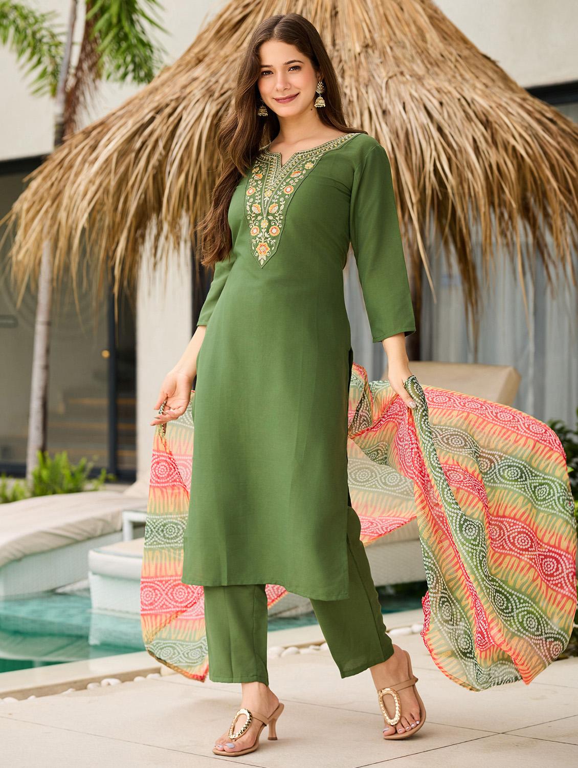 women embroidered three quarter sleeve kurta pant with dupatta set - 22022739 - Standard Image - 1