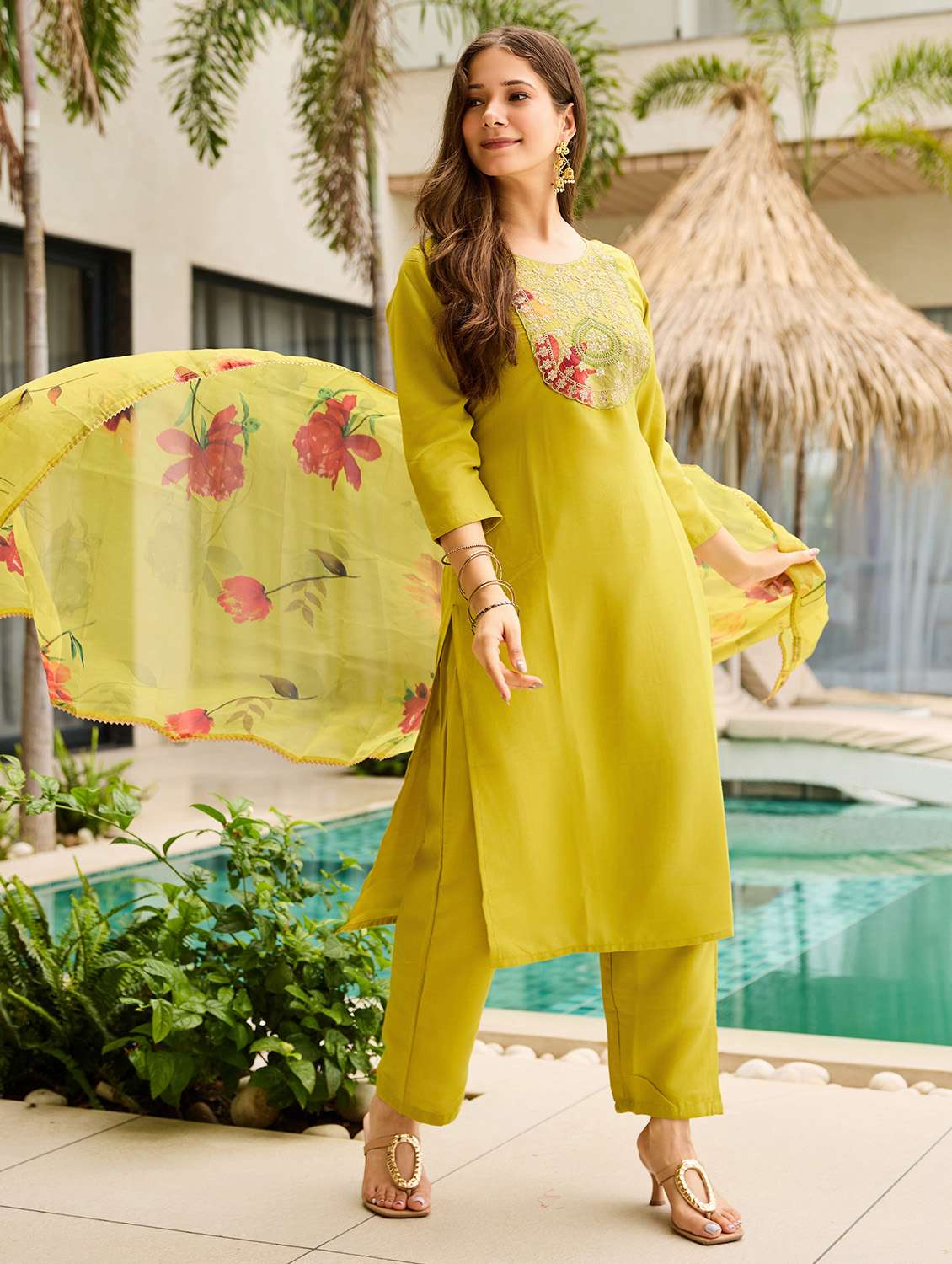 women embroidered three quarter sleeve kurta pant with dupatta set - 22022741 -  Standard Image - 1