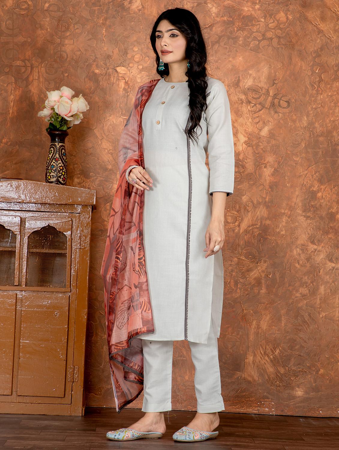 women solid three quarter sleeve kurta pant with dupatta set - 22022746 - Standard Image - 1