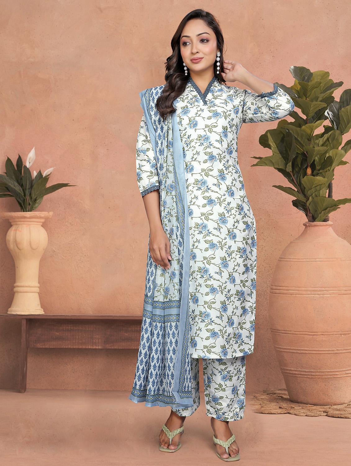women floral three quarter sleeve kurta pant with dupatta set - 22022748 - Standard Image - 1