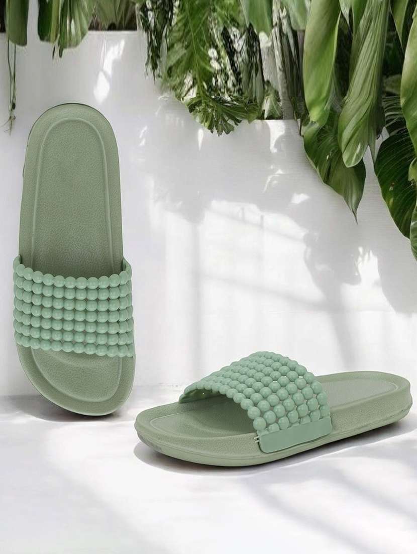 women solid green slip on slides 