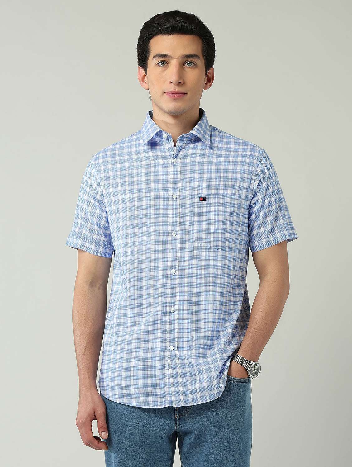men checkered short sleeve slim fit casual shirt