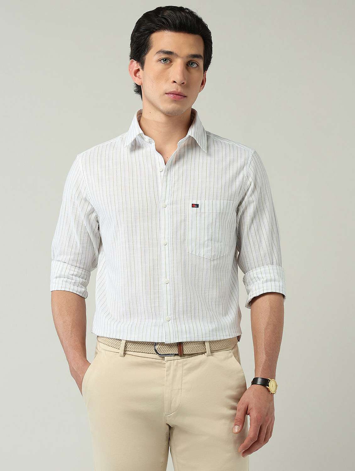 men striped long sleeve slim fit casual shirt