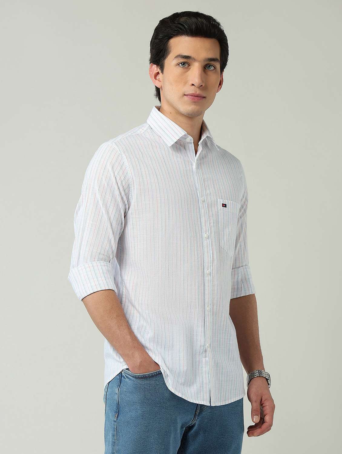 men striped long sleeve slim fit casual shirt - 22024844 -  Standard Image - 1