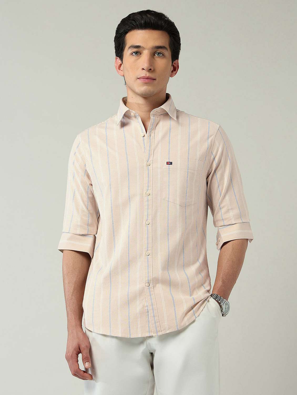 men striped long sleeve slim fit casual shirt