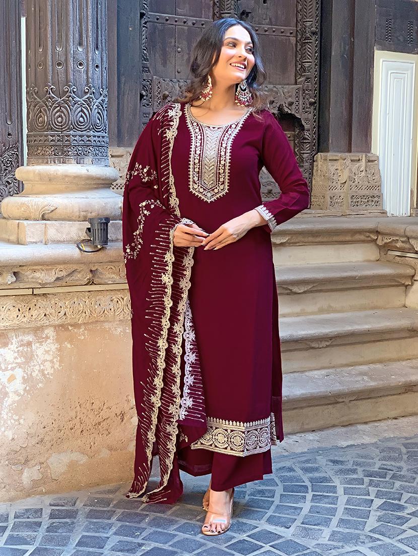 women embroidered three quarter sleeve kurta pant with dupatta set - 22024859 -  Standard Image - 1