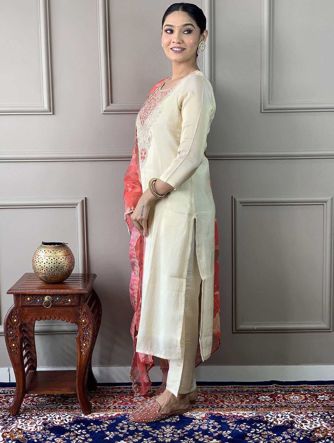 women embroidered three quarter sleeve kurta pant with dupatta set - 22024861 -  Standard Image - 1