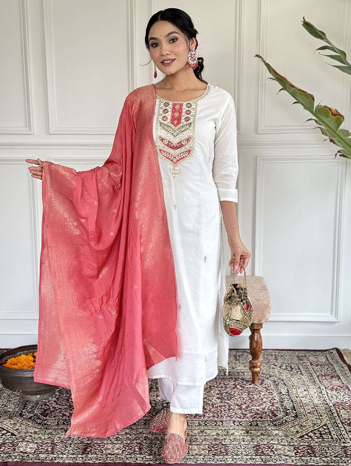 women embroidered three quarter sleeve kurta pant with dupatta set