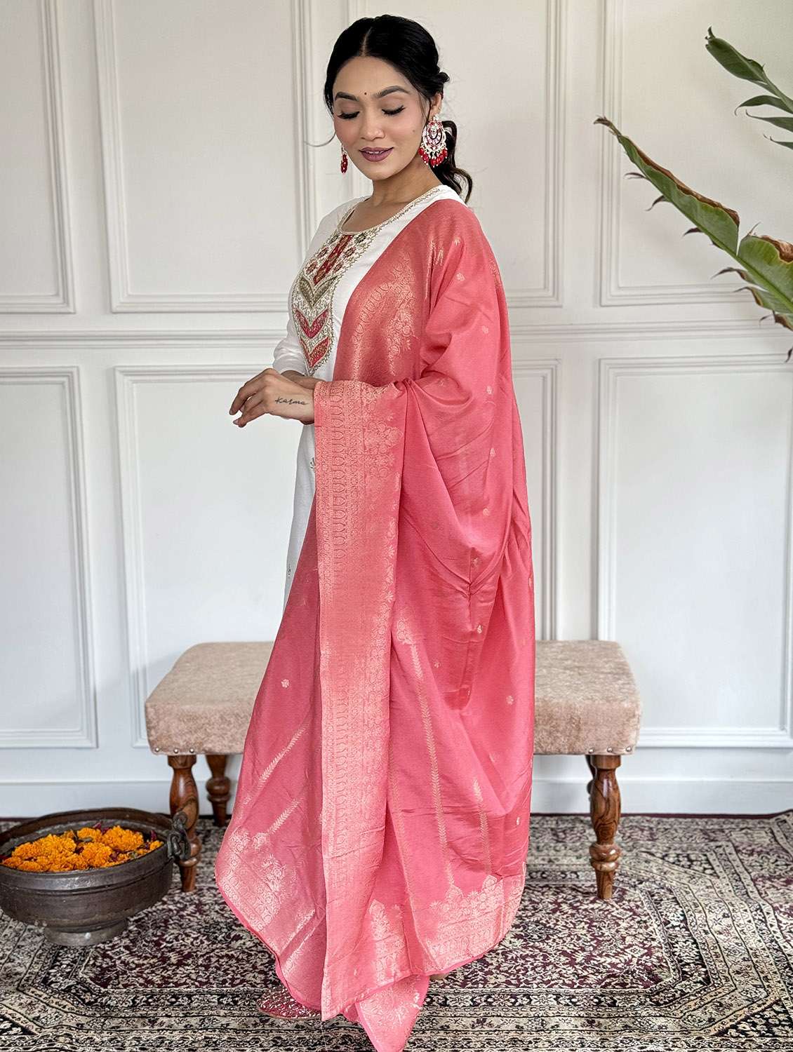 women embroidered three quarter sleeve kurta pant with dupatta set - 22024865 -  Standard Image - 1