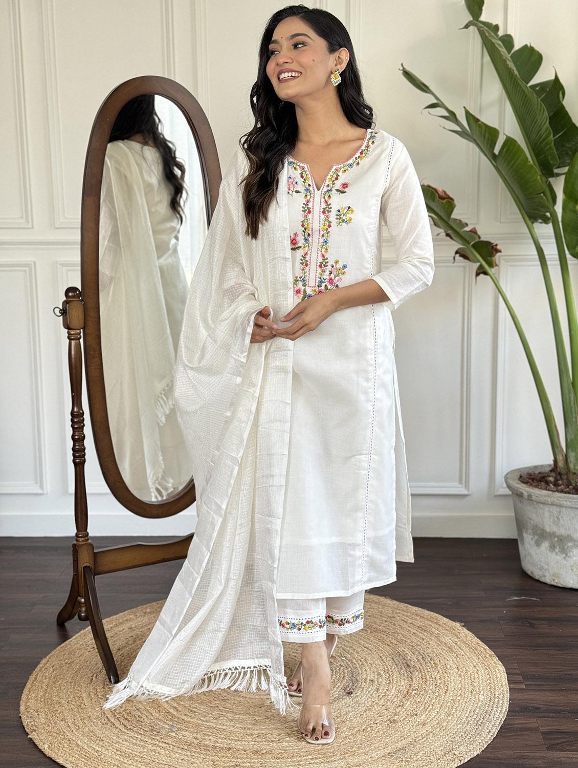 women embroidered three quarter sleeve kurta pant with dupatta set - 22024870 -  Standard Image - 1