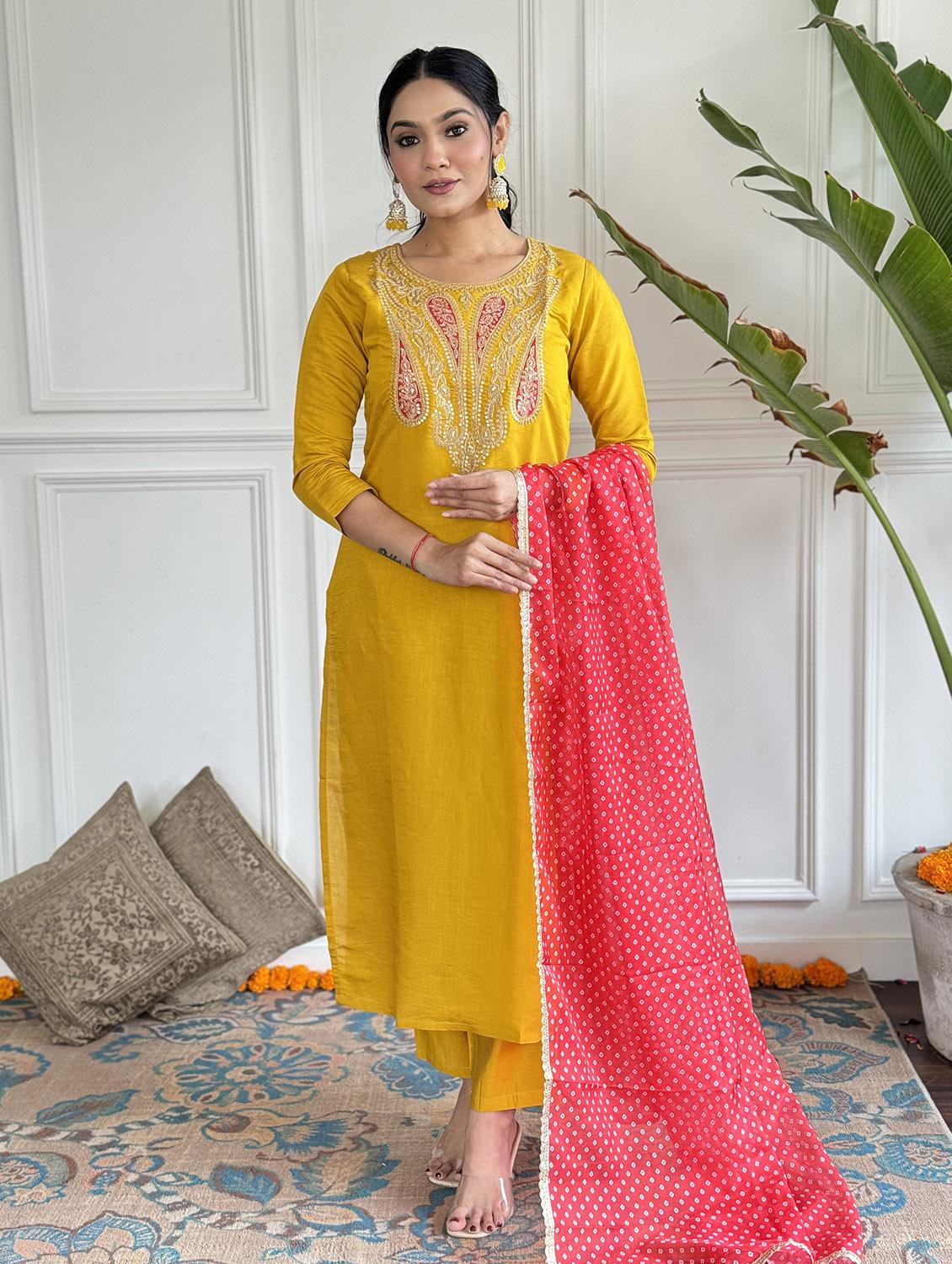 women embroidered three quarter sleeve kurta pant with dupatta set - 22024873 - Standard Image - 1