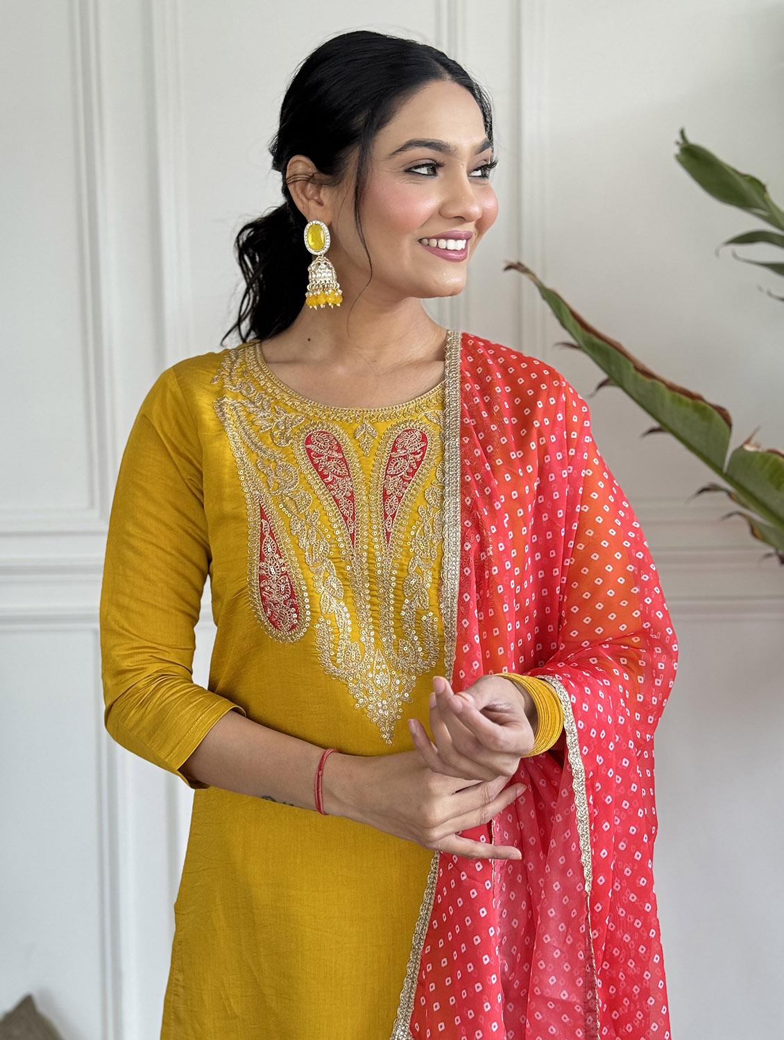 women embroidered three quarter sleeve kurta pant with dupatta set - 22024873 - Standard Image - 4