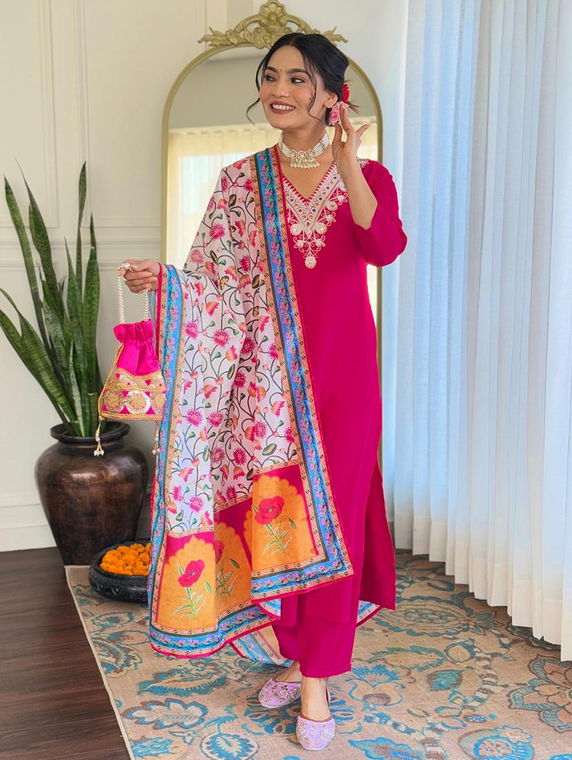 women embroidered three quarter sleeve kurta pant with dupatta set - 22024877 - Standard Image - 1