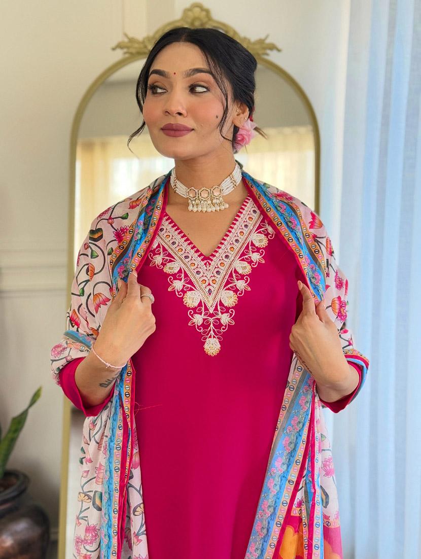 women embroidered three quarter sleeve kurta pant with dupatta set - 22024877 - Standard Image - 4