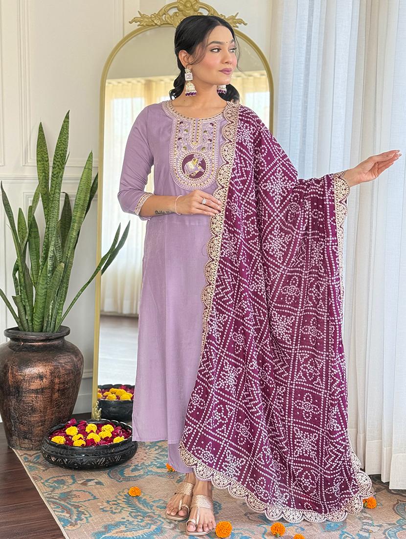 women embroidered three quarter sleeve kurta pant with dupatta set - 22024879 - Standard Image - 1