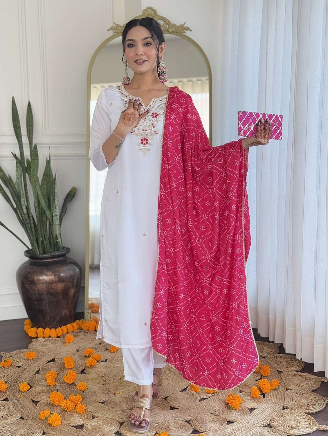 women embroidered three quarter sleeve kurta pant with dupatta set - 22024880 - Standard Image - 1