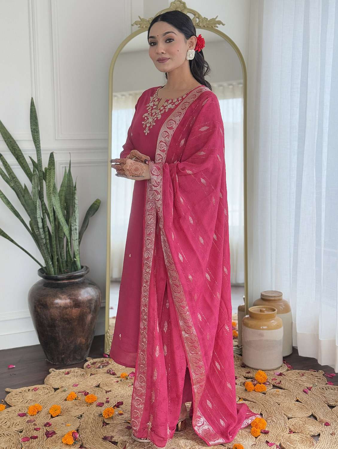 women embroidered three quarter sleeve kurta pant with dupatta set - 22024882 - Standard Image - 1