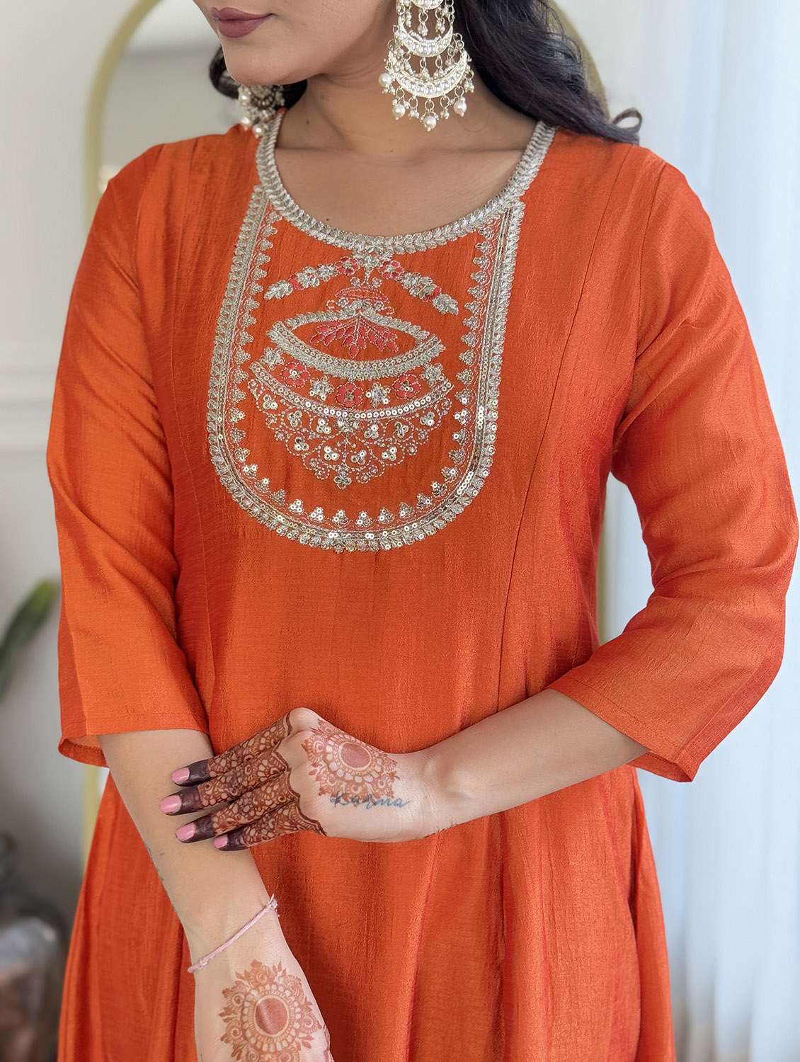 Women Embroidered Three Quarter Sleeve Kurta Pant With Dupatta Set