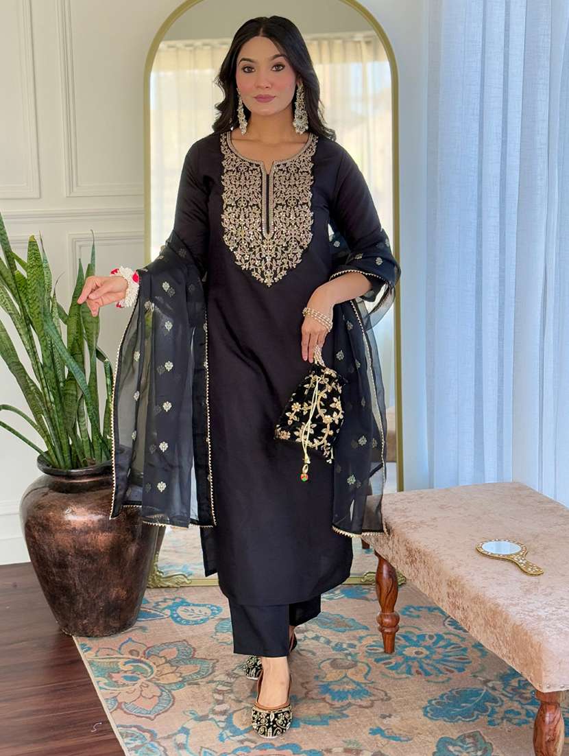 women embroidered three quarter sleeve kurta pant with dupatta set