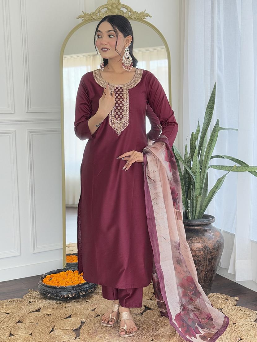 women embroidered three quarter sleeve kurta pant with dupatta set - 22024890 - Standard Image - 1