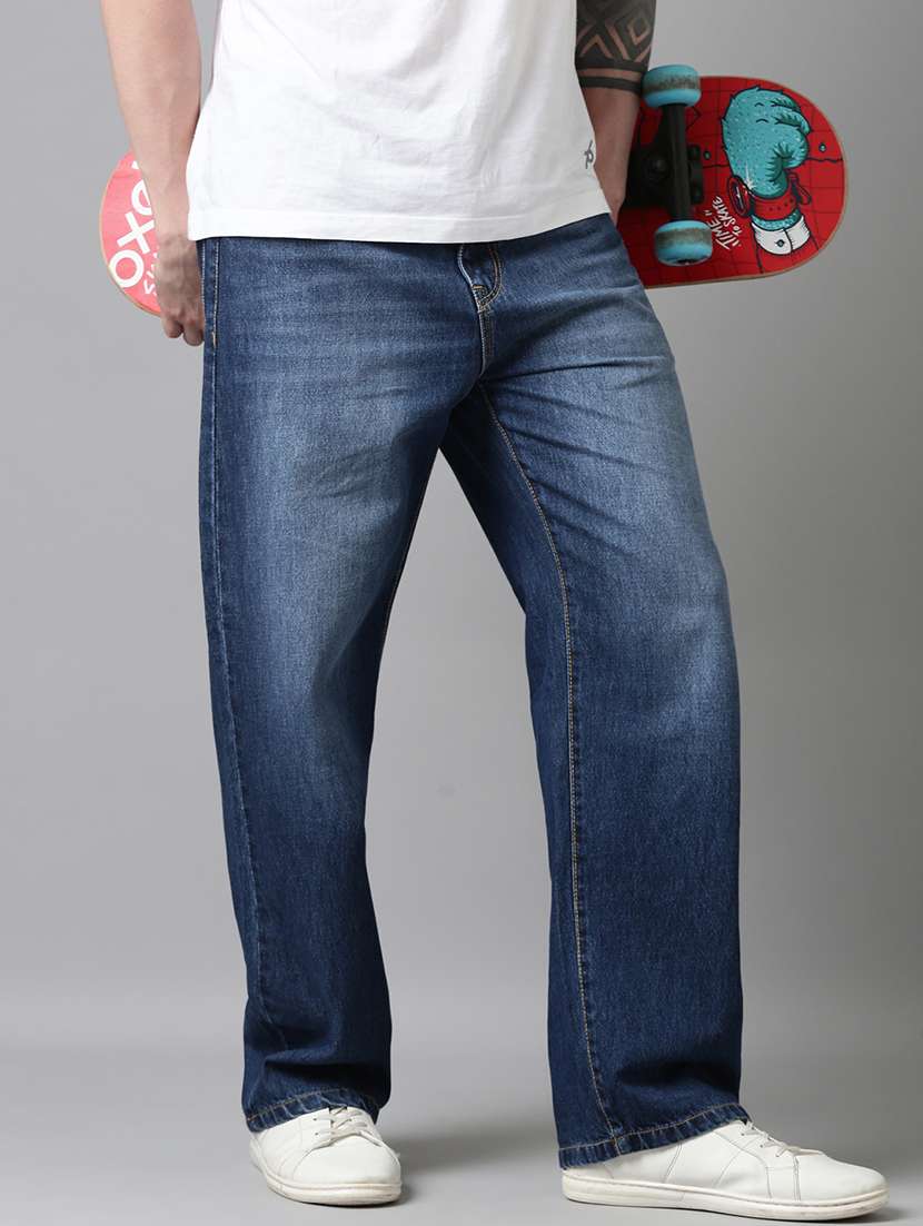men washed mid rise full length jeans