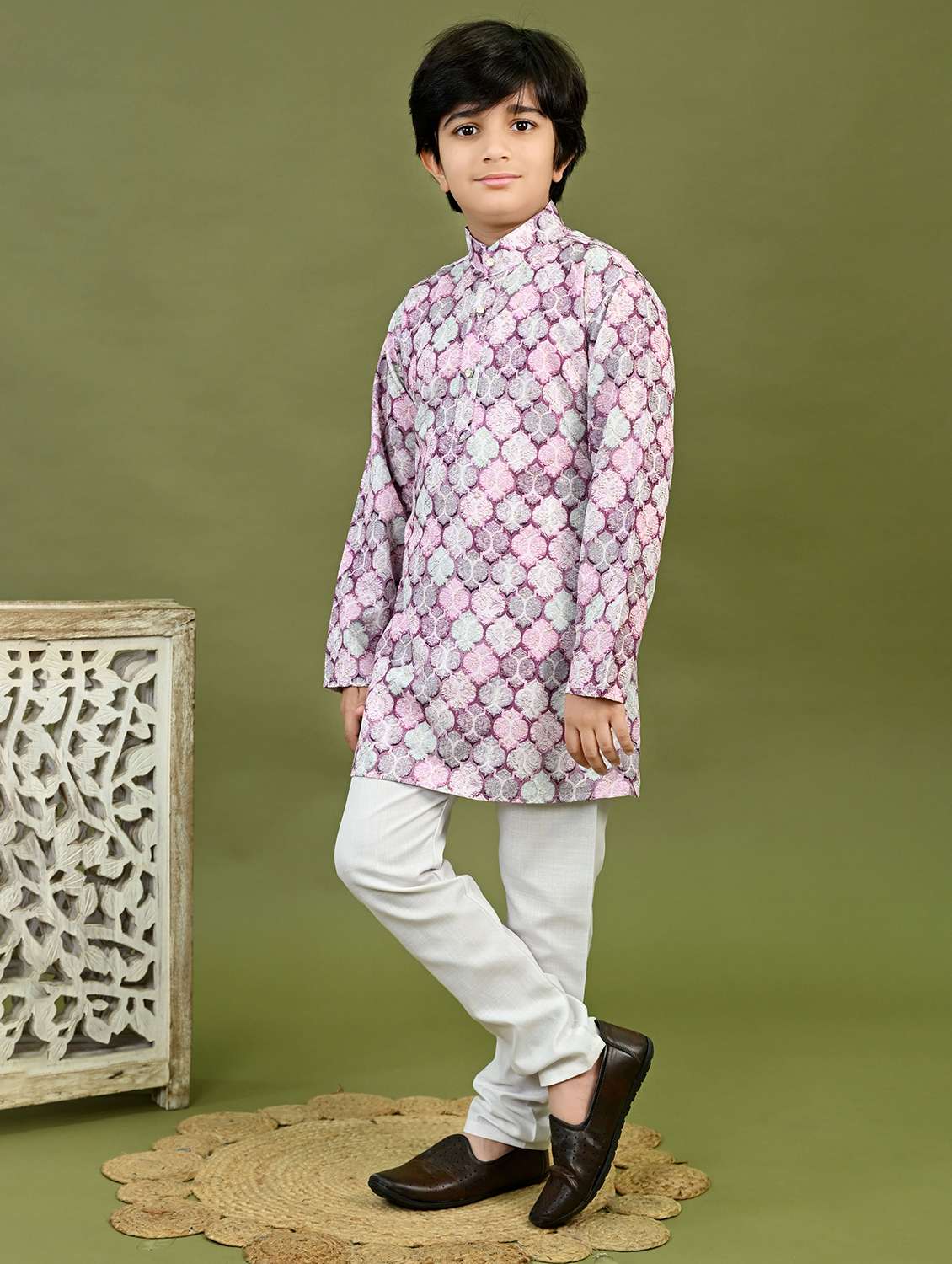 boys printed mandarin collar kurta pyjama set - 22025967 - Standard Image - 1