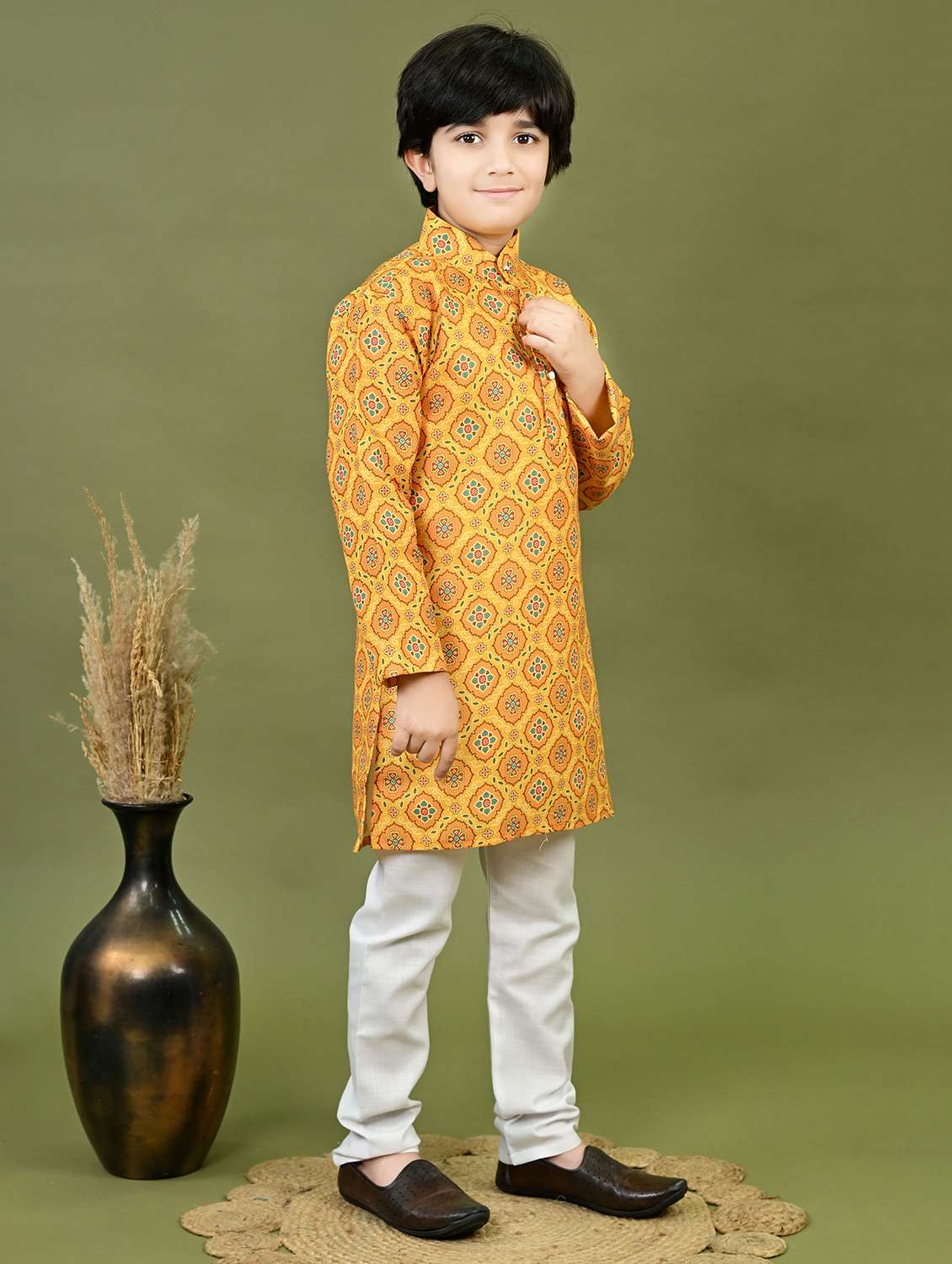 boys printed mandarin collar kurta pyjama set - 22025969 -  Standard Image - 1