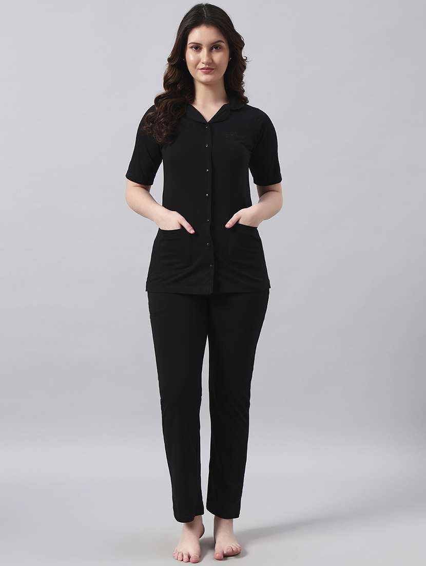 women solid short sleeve nightwear pyjama set - 22026029 -  Standard Image - 1