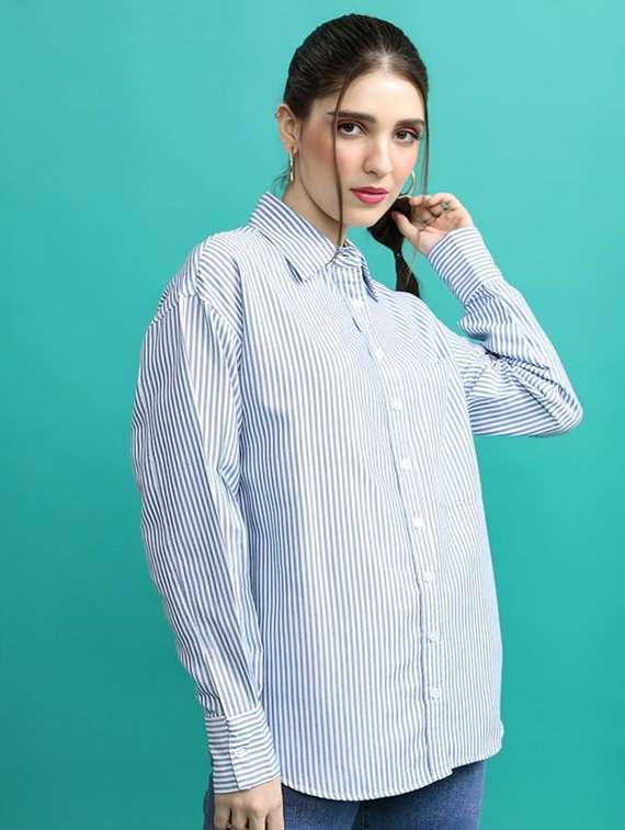 women striped collared long sleeve shirt - 22026130 -  Standard Image - 1