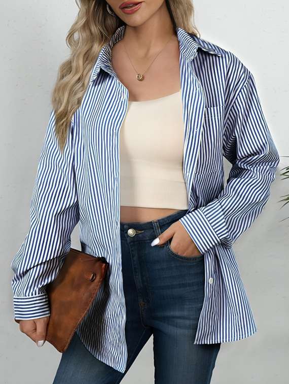 women striped collared long sleeve shirt - 22026134 -  Standard Image - 1