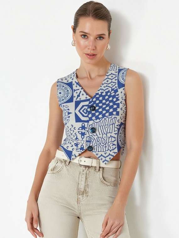 women printed sleeveless crop vest top - 22026180 -  Standard Image - 1