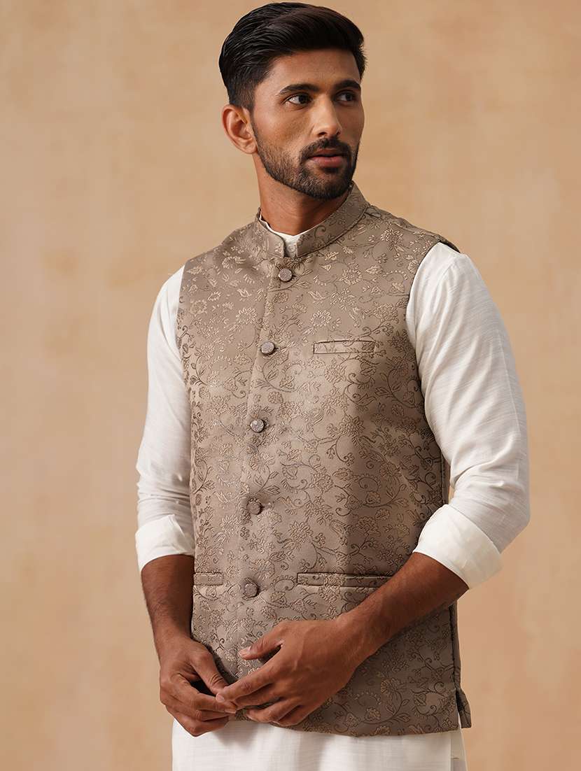 men self design mandarin neck regualr fit nehru jacket - 22026230 -  Standard Image - 1