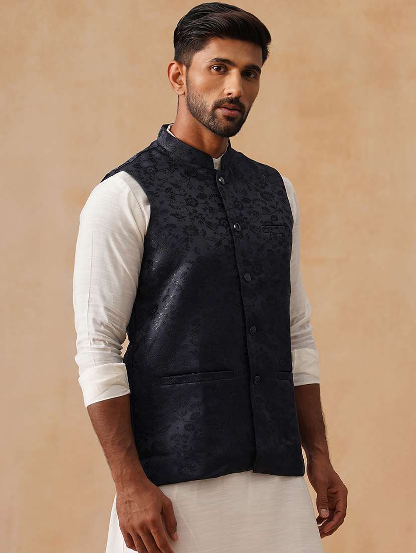 men self design mandarin neck regualr fit nehru jacket - 22026231 -  Standard Image - 1