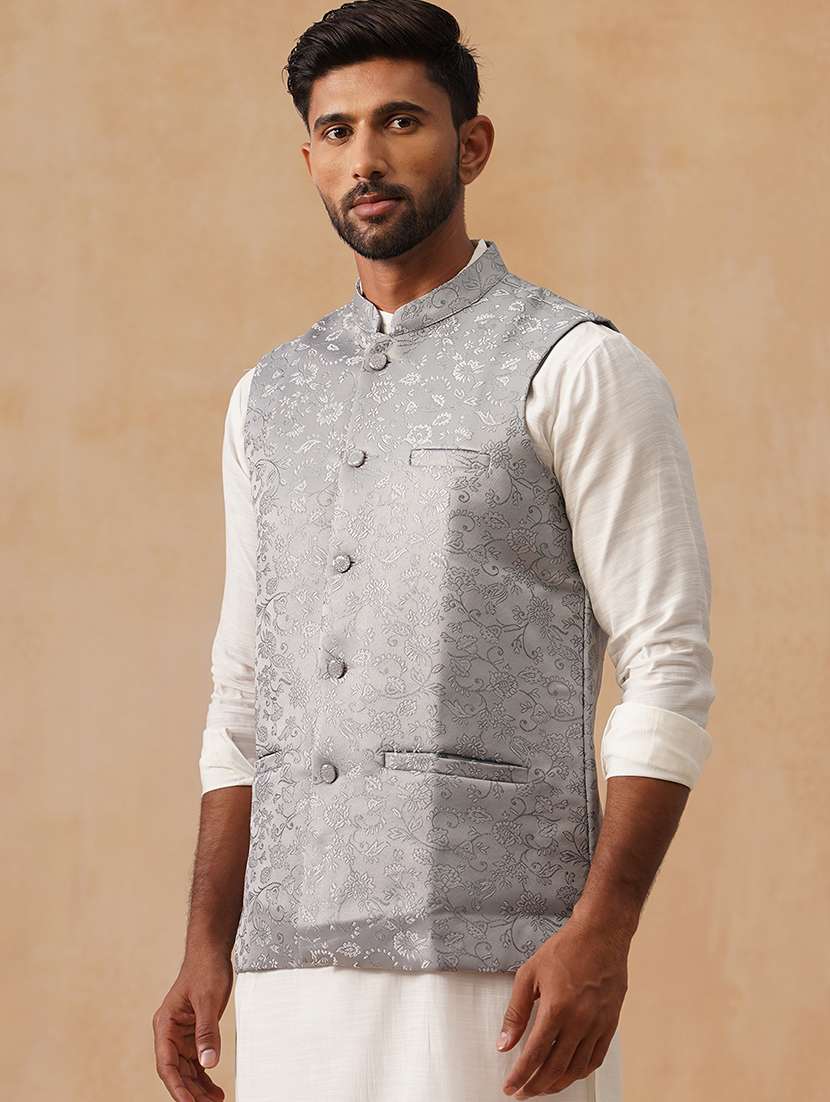 men self design mandarin neck regualr fit nehru jacket - 22026232 -  Standard Image - 1