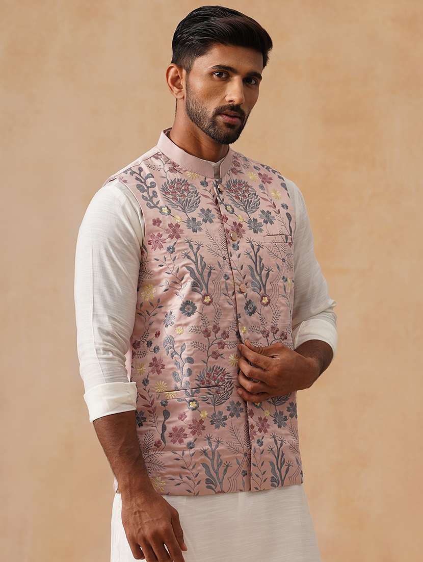 men floral mandarin neck regualr fit nehru jacket - 22026234 -  Standard Image - 1