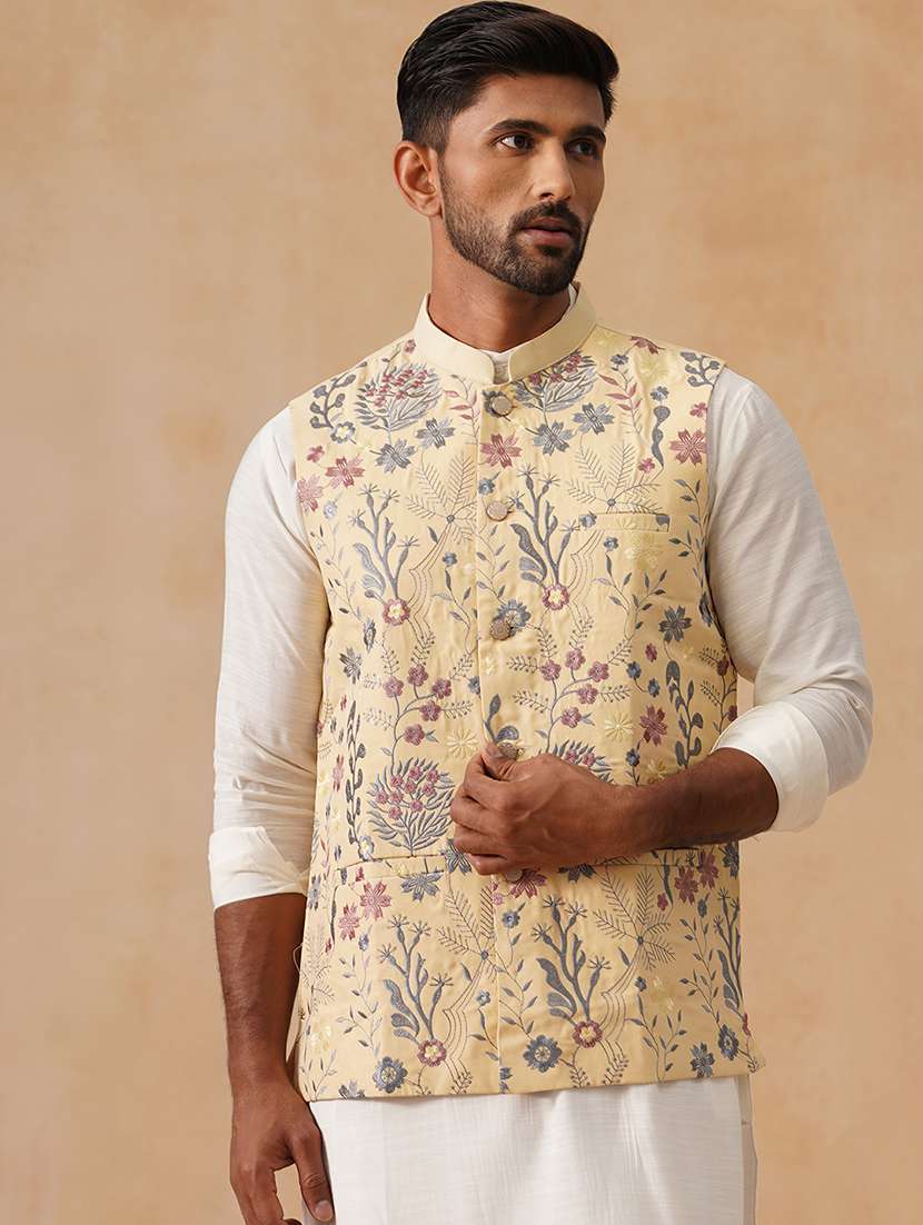 men floral mandarin neck regualr fit nehru jacket