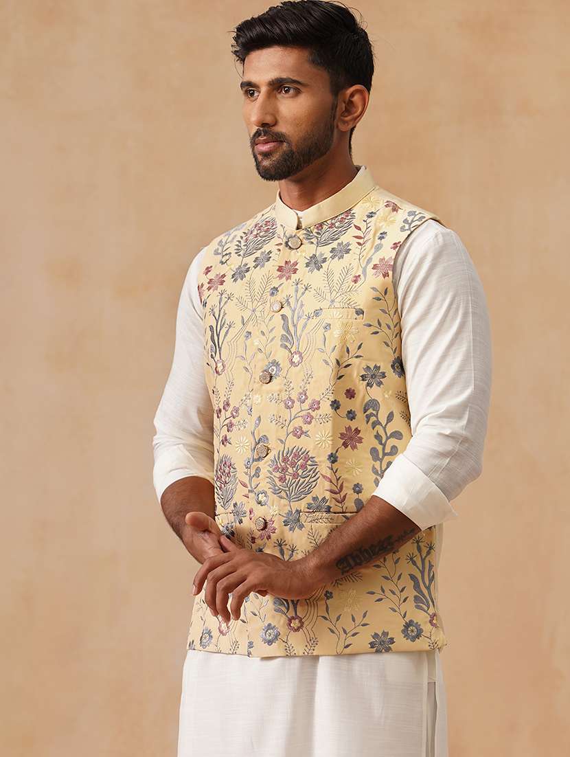 men floral mandarin neck regualr fit nehru jacket - 22026235 -  Standard Image - 1