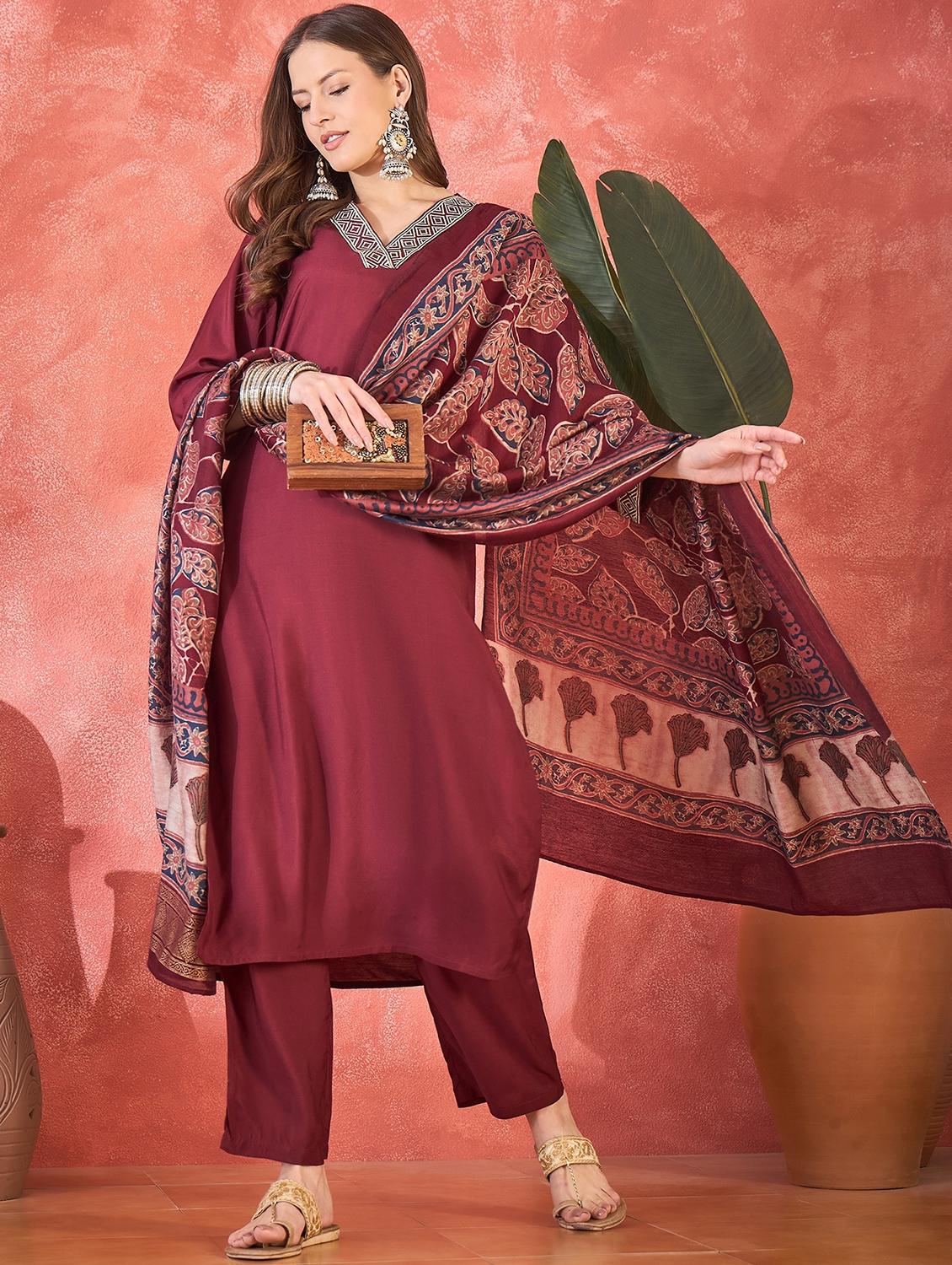 women solid three quarter sleeve kurta pant with dupatta set - 22026239 - Standard Image - 1