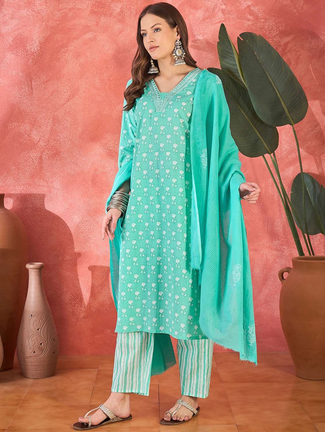 women printed three quarter sleeve kurta pant with dupatta set - 22026240 -  Standard Image - 1